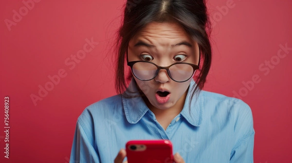 Fototapeta スマートフォンを見て驚く女性