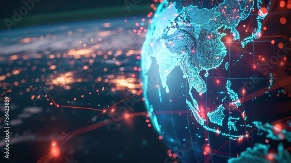 Fototapeta Concept of global network and connectivity on Earth, centered on South-East Asia.  Data transfer and cyber technology, information exchange and international telecommunication.	
