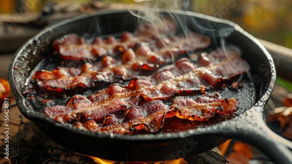 Fototapeta Sizzling bacon in a skillet
