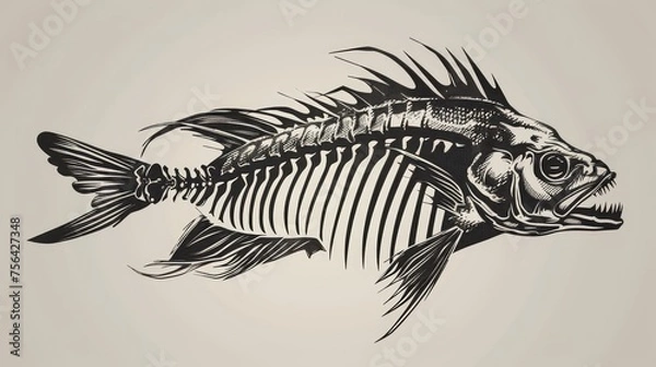 Fototapeta Drawing of a fish skeleton on a gray background. Fish skeleton. Fish bones