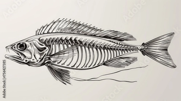 Fototapeta Drawing of a fish skeleton on a gray background. Fish skeleton. Fish bones