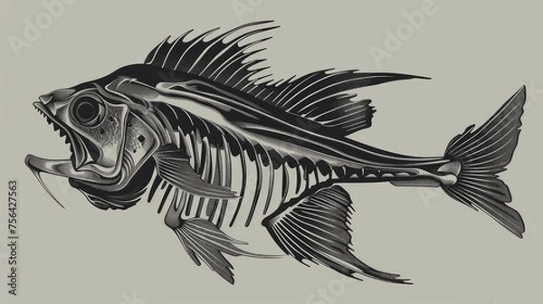 Fototapeta Drawing of a fish skeleton on a gray background. Fish skeleton. Fish bones