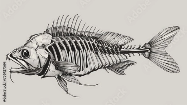 Fototapeta Drawing of a fish skeleton on a gray background. Fish skeleton. Fish bones