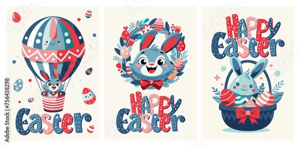Fototapeta Cute Easter greeting cards with Cartoonish Bunny. Easter rabbit, eggs, wreath, ballon, graphic design elements.  Adorable hare with chubby cheeks, expressive eyes. Happy Easter. Vivid illustrations. 