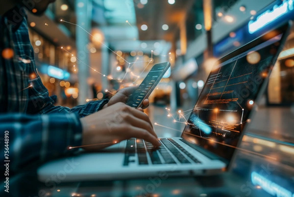 Fototapeta Internet of Things IoT digital marketing E-commerce global business concept. Man using mobile phone and laptop computer with digital technology internet network connection social media marketing