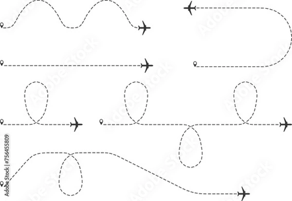 Fototapeta Airplane flight diagram, plane movement direction diagram in the air on a white background. Vector, design illustration. Vector.