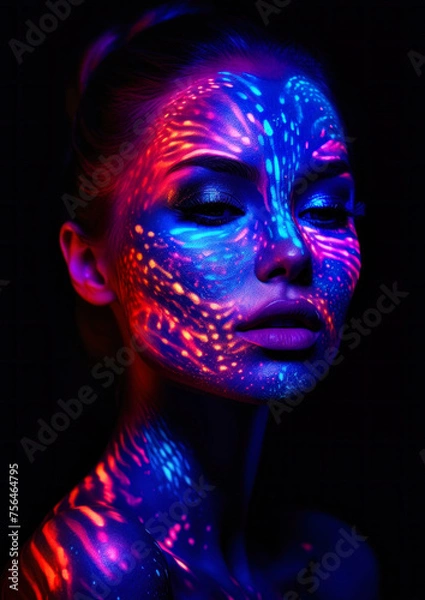 Obraz Conceptual makeup in neon colors on a dark background for photo frame