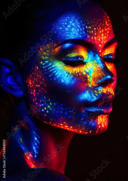 Obraz Makeup with ultraviolet paint in neon colors on a dark conceptual background for photo frame