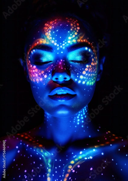 Obraz Modern glitter makeup and neon lights on a dark conceptual background for photo frame