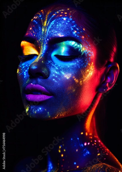Obraz Woman in galaxy style makeup in neon colors with glitter on a dark conceptual background for photo frame
