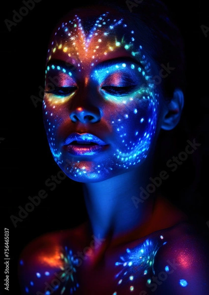 Obraz Woman in makeup with glitter and neon lights on a dark conceptual background for photo frame