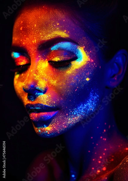 Obraz Woman in makeup with paint in neon colors on a dark conceptual background for photo frame