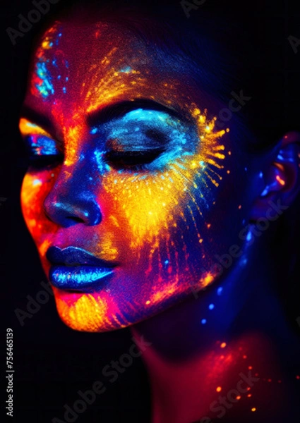Obraz Woman in makeup with ultraviolet paint in neon colors on a dark conceptual background for photo frame