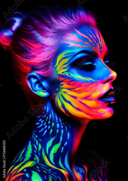 Obraz Woman in profile with leaves style makeup in neon colors on a dark conceptual background for photo frame