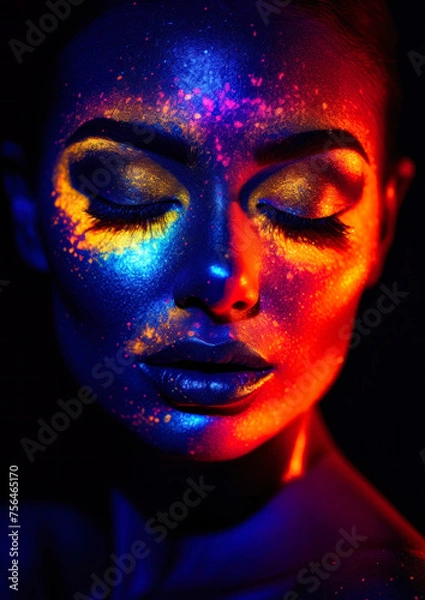 Obraz Woman made up in glitter and neon colors on a dark conceptual background for photo frame