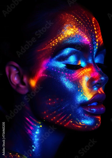 Obraz Woman with galaxy makeup in neon colors with glitter on a dark conceptual background for photo frame