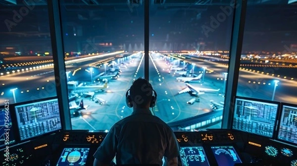 Obraz Control tower at night overseeing airport operations