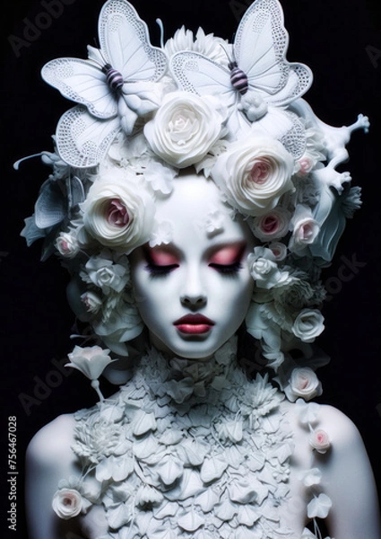 Obraz Girl in wonderland with flowers and butterflies in white tones on a dark background for photo frame