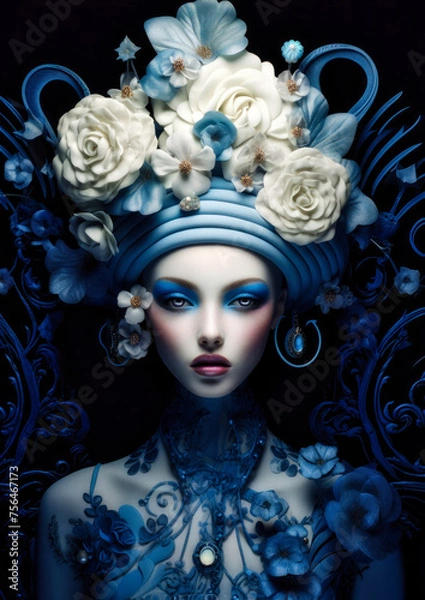 Obraz Girl in wonderland with white and blue flowers on a dark background conceptual for photo frame