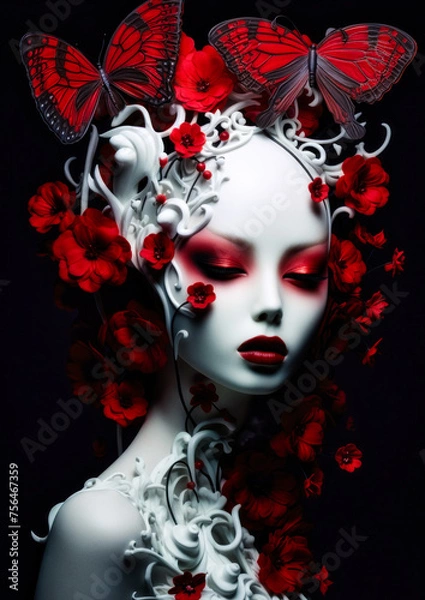 Obraz Gothic woman in wonderland with red flowers and butterflies on a dark background for photo frame