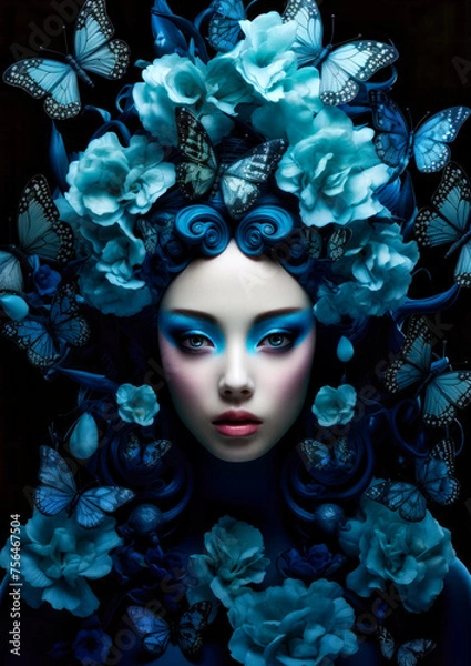 Obraz Woman in wonderland with flowers and butterflies in blue tones on a dark background for photo frame