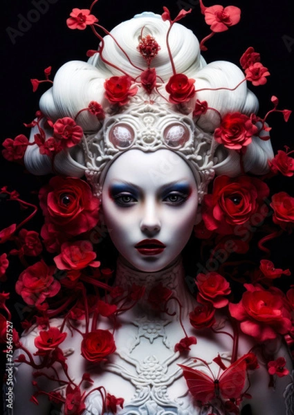 Obraz Woman in wonderland with red flowers on a dark background conceptual for photo frame