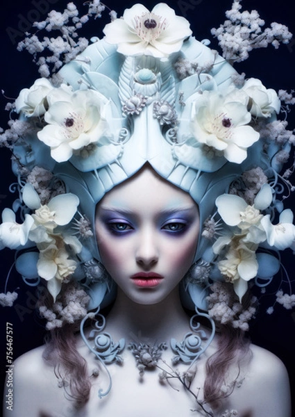 Obraz Woman in wonderland with white flowers on a dark background conceptual for photo frame