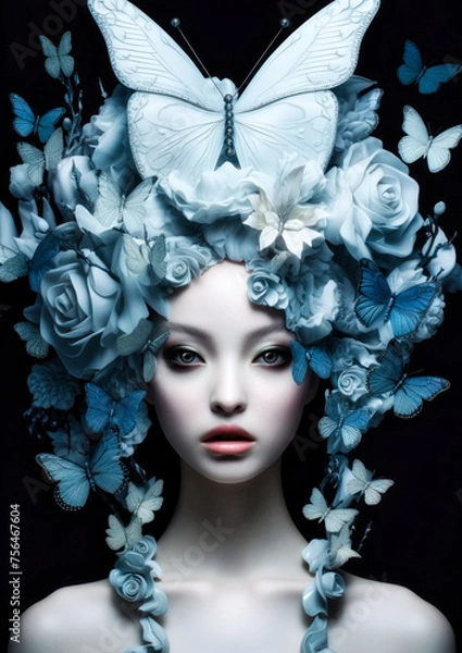 Obraz Woman with butterflies and flowers on her head in Wonderland on a dark background for photo frame