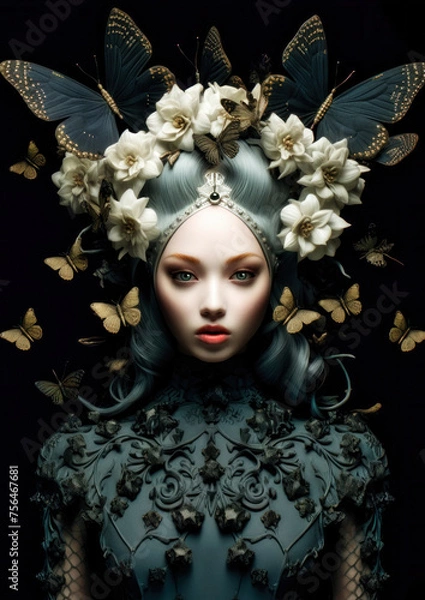 Obraz Young woman in wonderland with white flowers and black and gold butterflies on a dark background