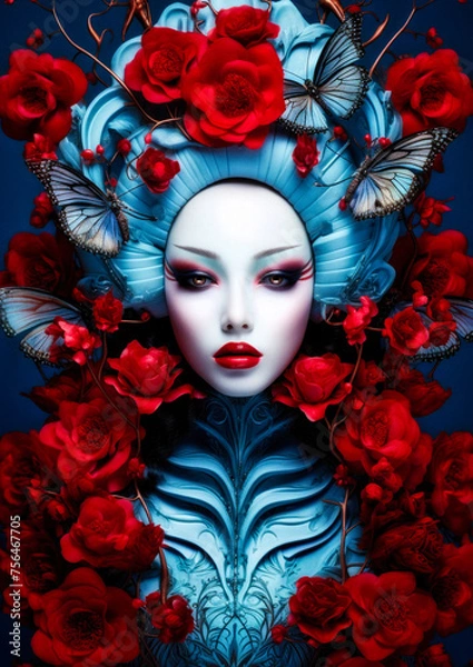 Obraz Woman in Wonderland with red flowers on a dark background conceptual for photo frame