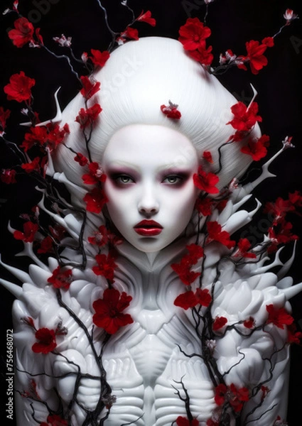 Obraz Asian woman in wonderland with red flowers on a dark background conceptual for photo frame