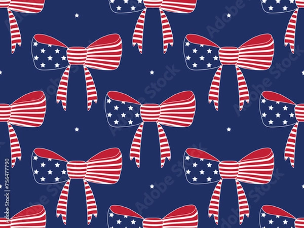 Fototapeta Seamless vector pattern with patriotic USA ribbon bows, stars and stripes, 4th of July, Independence