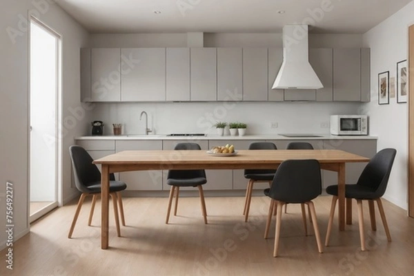Obraz Modern Scandinavian dining room with kitchen zone at the back.