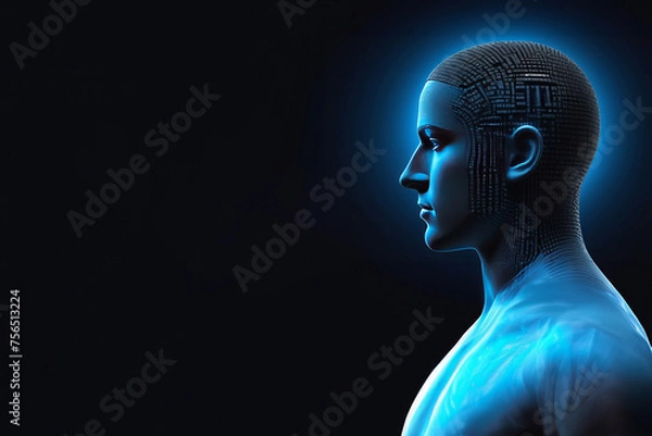 Obraz Virtual Digital head of Artificial Intelligence (AI). deep learning concept. Hologram. Head silhouette hologram on black background, copy space banner