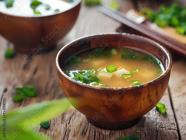 Fototapeta Miso soup in traditional wooden bowl. Japanese food. Generative AI
