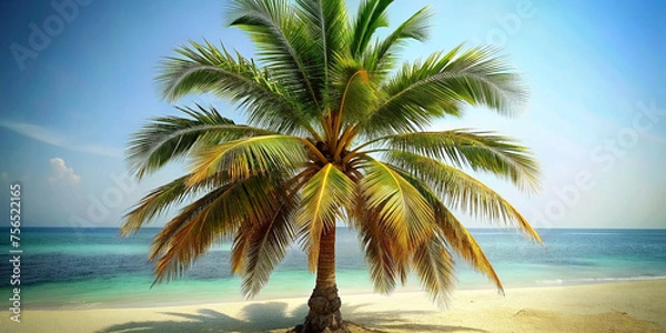 Fototapeta A palm tree on the sandy shore of the ocean sea