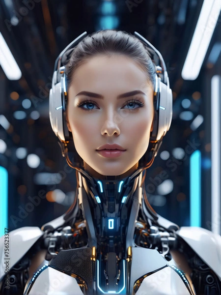 Obraz A futuristic humanoid gazes into the camera, blending human and robotic features seamlessly.