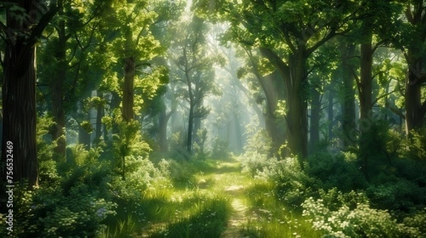 Fototapeta A dense, ancient forest with towering trees, a winding path, and shafts of sunlight breaking through the canopy.