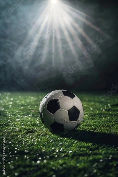 Fototapeta Soccer ball at the kickoff spot under a spotlight, focus on the game.