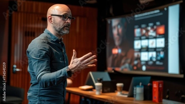 Fototapeta a man gives a presentation at a conference table, award-winning, interactive experiences