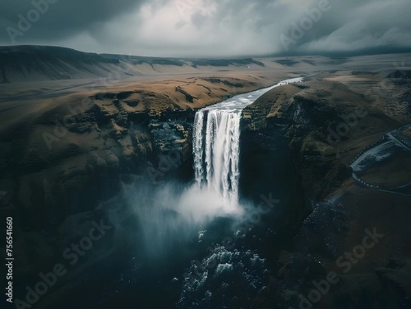 Fototapeta A stunning drone-captured, long-exposure photo of an Icelandic waterfall, enveloped in moody, cinematic clouds with rich black and brown tones.