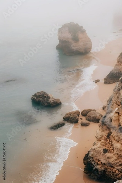 Obraz Algarve's Serene Beach: An Elevated Glimpse Amidst Mist, Calm Seas, and Rocks in a Professional Beige Aesthetic.