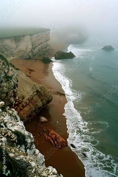 Fototapeta Aerial shot of Alslot de la Torre's foggy coastline, showcasing the deformed palette rocks, brown sand, and lush greenery, captured with a Canon EOS.