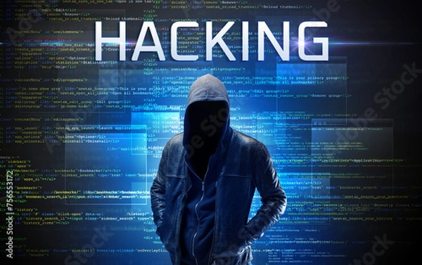 Fototapeta Faceless hacker on code background