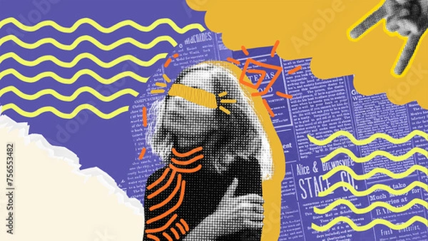 Fototapeta Portrait of person with collage technique and color blocking