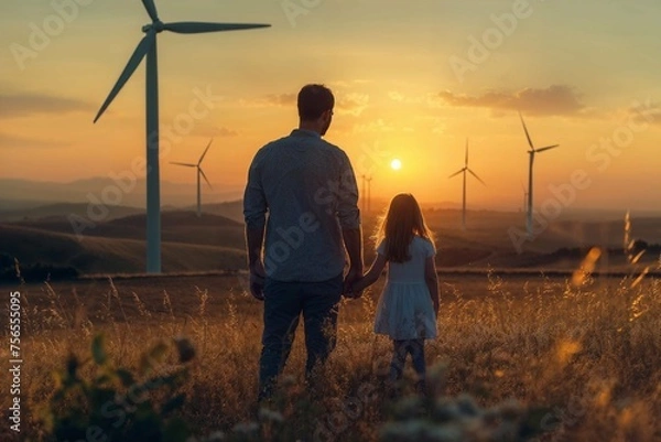 Obraz Father and daughter watching sunset by wind turbines. Silhouetted man with child enjoying a serene sunset amidst wind energy farms