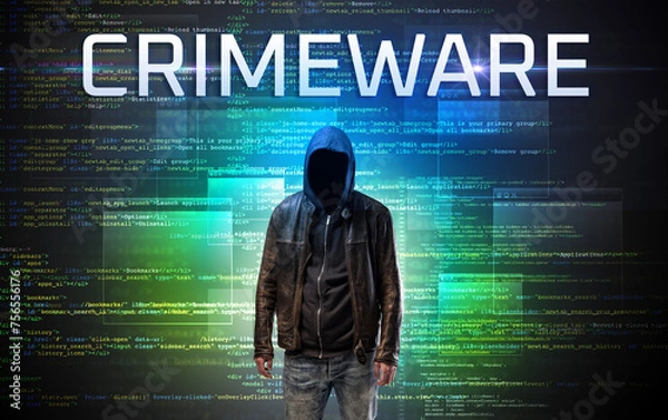 Fototapeta Faceless hacker on code background