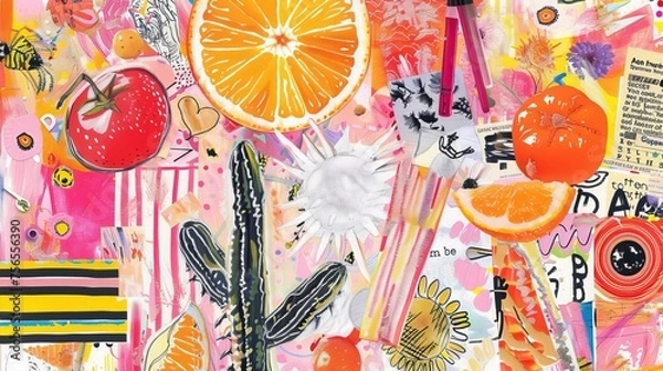 Fototapeta Colorful background with fruit and hand drawn doodle elements. Contemporary art collage