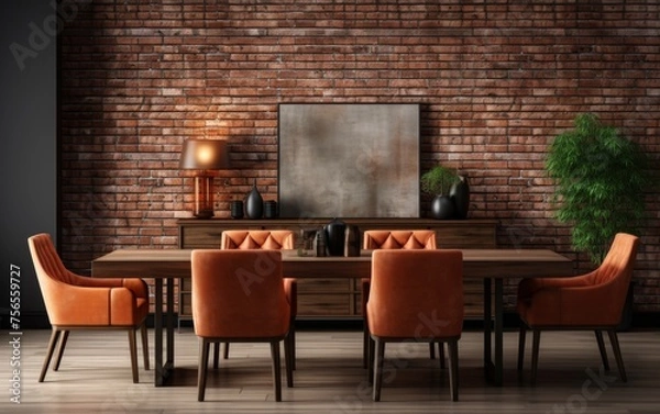 Obraz A brick wall with a large mirror and a picture frame. The room is decorated with orange chairs and a potted plant