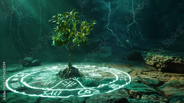 Fototapeta A mystical plant grows in the heart of an ancient crater its roots glowing with phosphorescent light